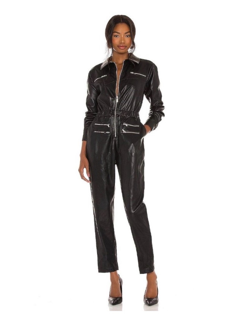 NWT WeWoreWhat Black Faux Leather Zip-Front Jumpsuit